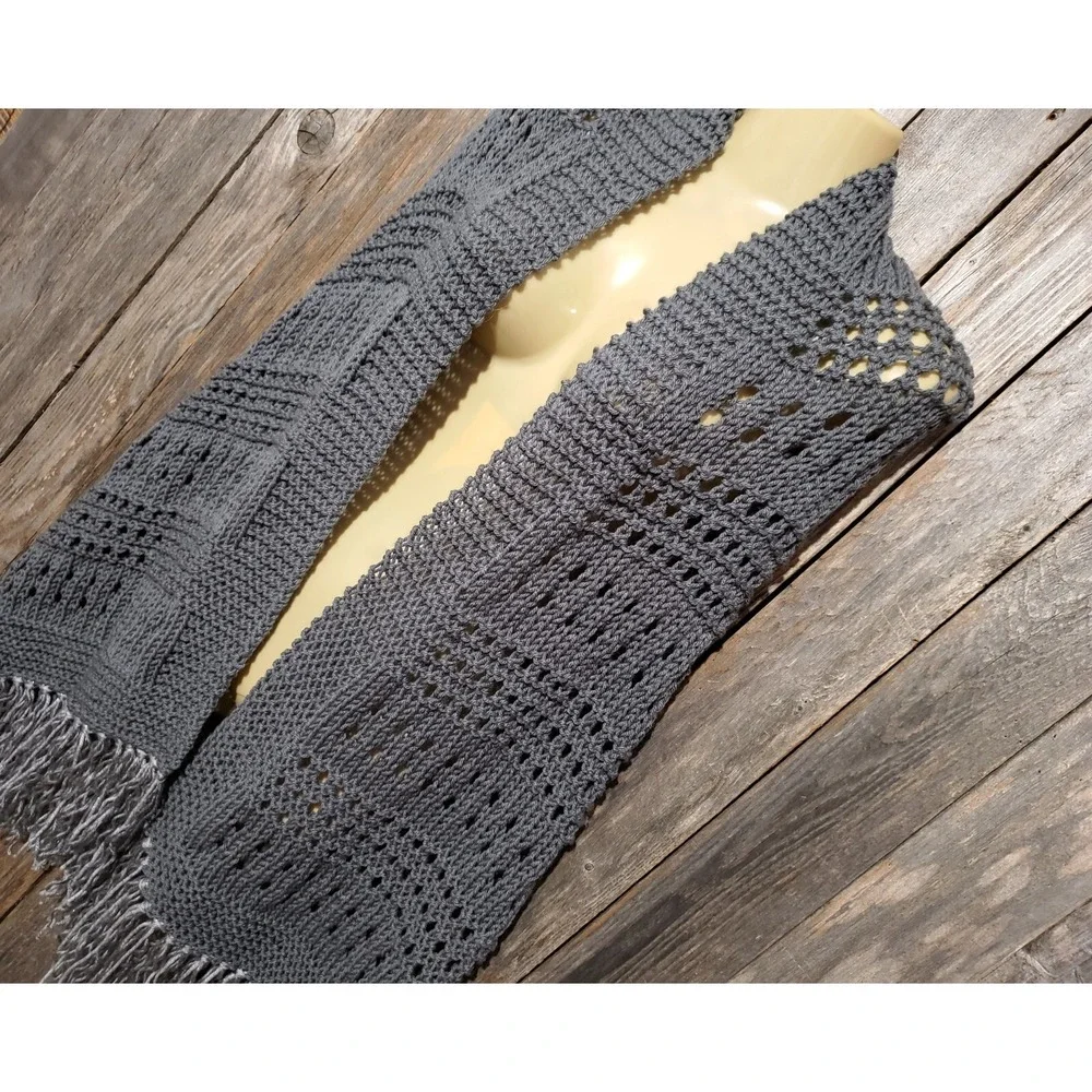 NEW Gray Shawl Scarf Wrap Boho Fringe Hand Knit Fringe Coastal Indie Artsy Moody